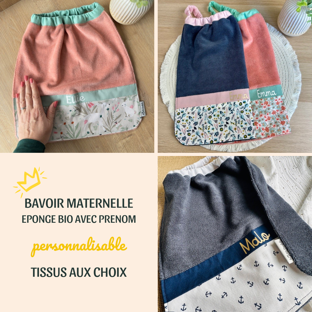 Bavoir maternelle - serviette de cantine avec col élastique à personnaliser parmi les imprimés disponibles et avec prénom