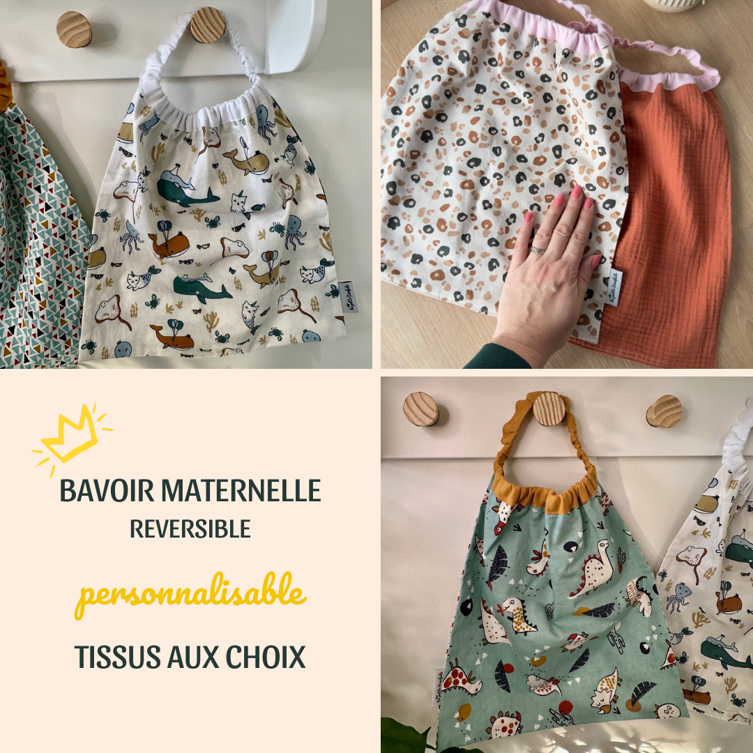 Bavoir maternelle réversible (deux faces en coton) pour bébé et enfant à personnaliser. Parfait pour les repas en autonomie et pour la cantine