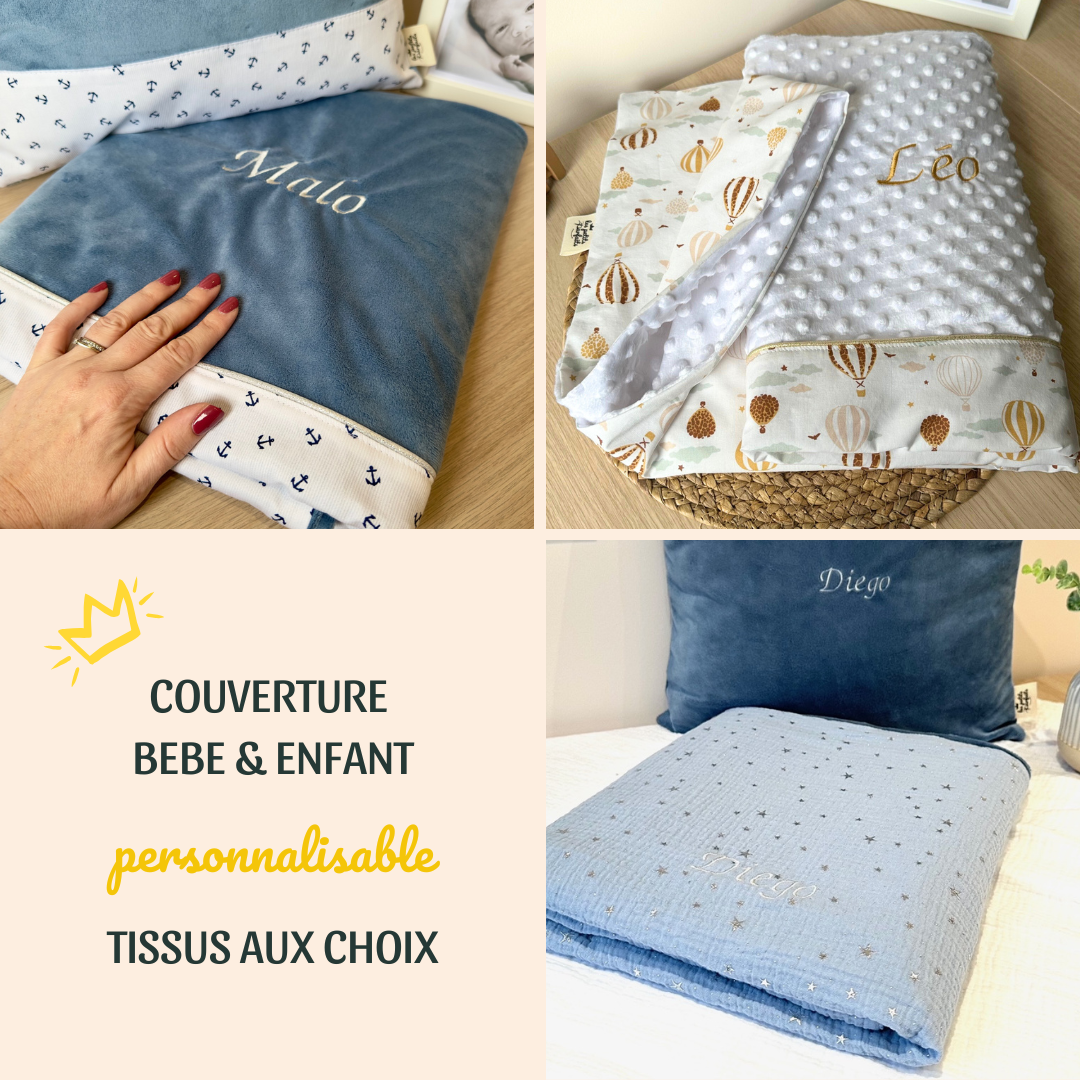 Couverture brodée avec le prénom de bébé ou de l'enfant, proposée en deux modèles et deux tailles différents, avec choix des tissus imprimés et minky