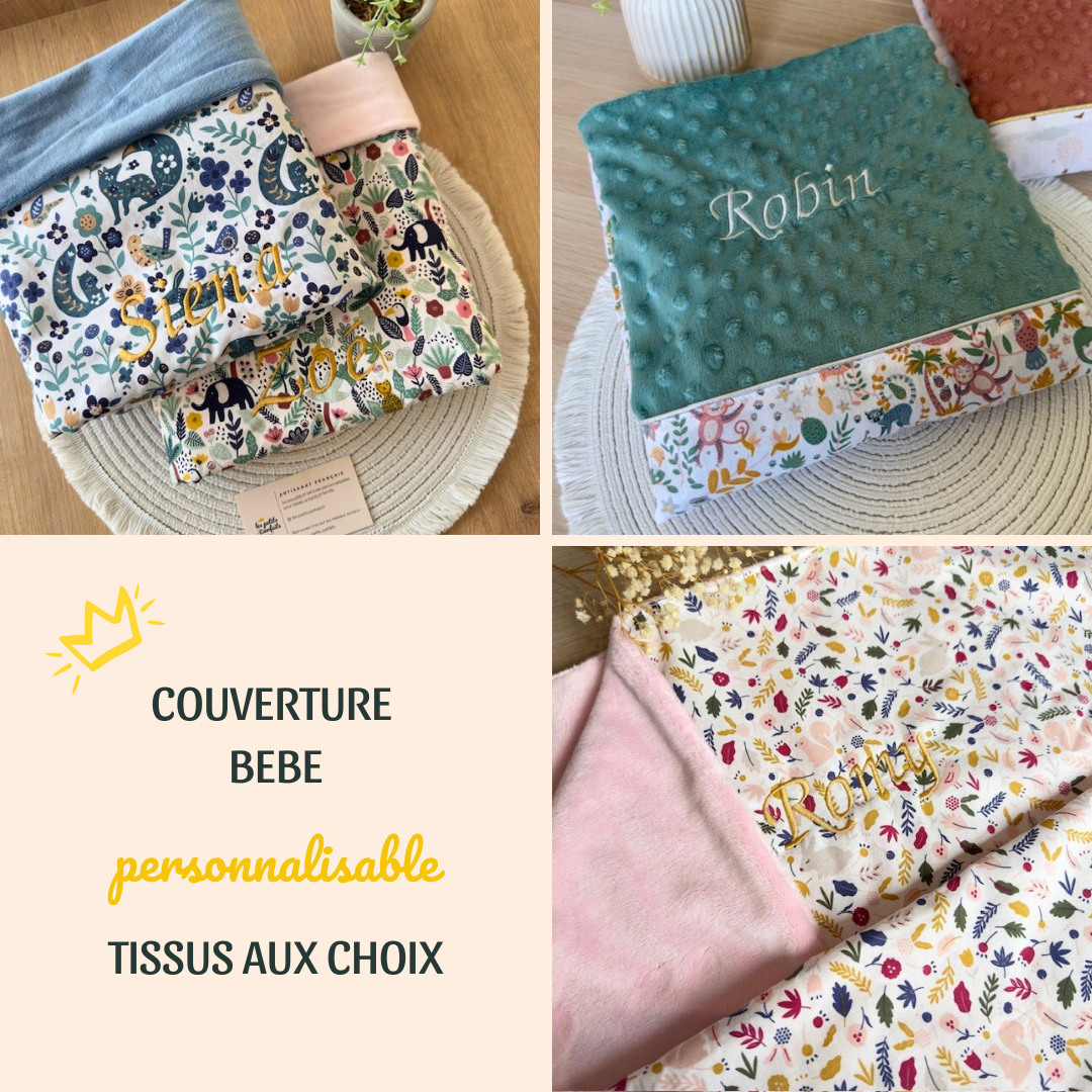 couverture taille bébé sans molleton personnalisable choix des imprimés et coloris minky avec broderie