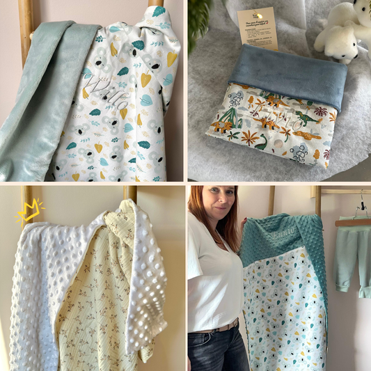 couverture bébé proposée en deux modèles avec minky et motif au choix, agrémenté du prénom brodé de l'enfant