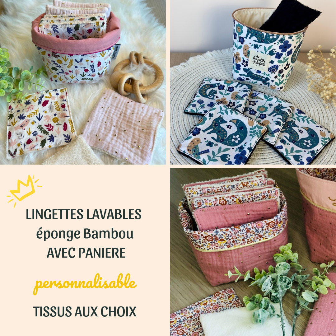 Lingettes lavables en éponge bambou personnalisables avec panière de rangement assortie