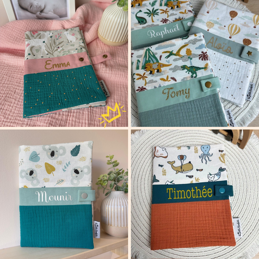 protèges carnet de santé à personnaliser selon les motis disponibles avec prénom en flex ou broderie