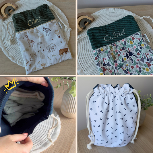 sac pochon avec coulisses garçon à personnaliser avec prénom et motif au choix