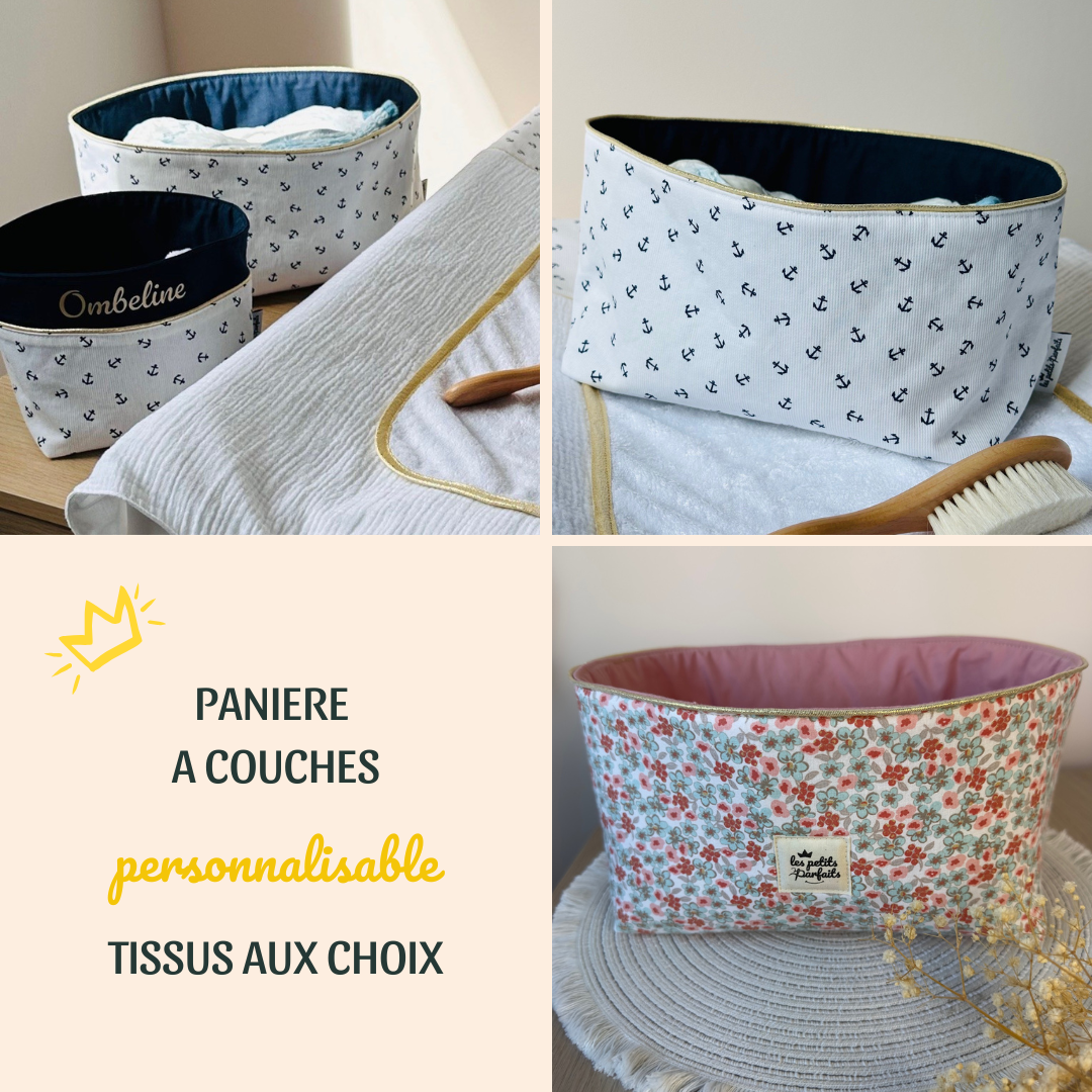 panière à couches à personnaliser avec tissus au choix pour une table à langer organisé et à la décoration de la chambre de bébé