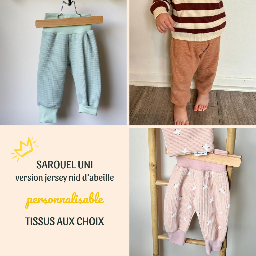 pantalon sarouel évolutif et personnalisable en nid d'abeille, uni ou à motif pour le confort de bébé