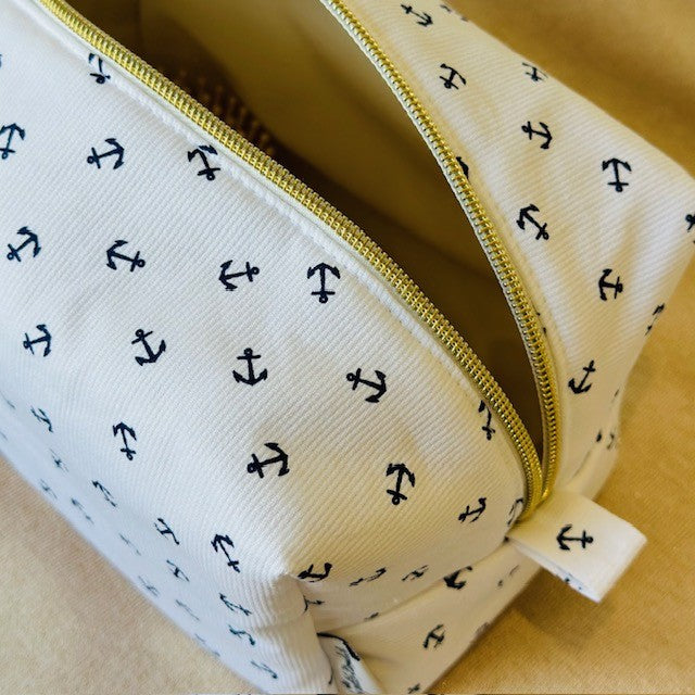 trousse de toilette motif ancres avec fermeture dorée et doublure étanche pour bébé, enfant, femme ou homme