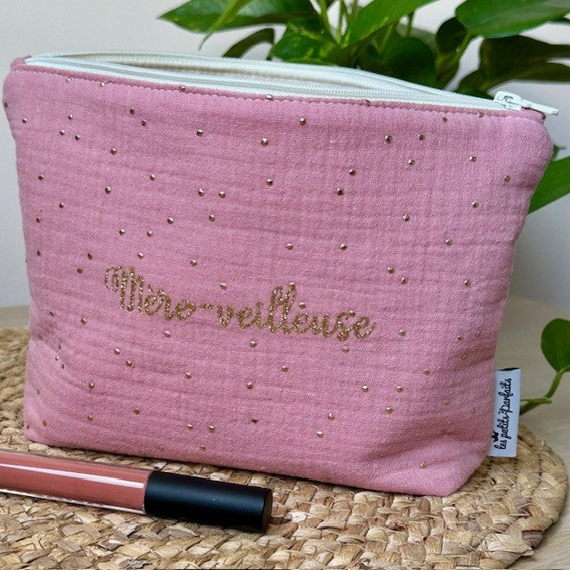 Trousse de toilette en double gaze de coton personnalisable avec mot ou prénom avec doublure étanche