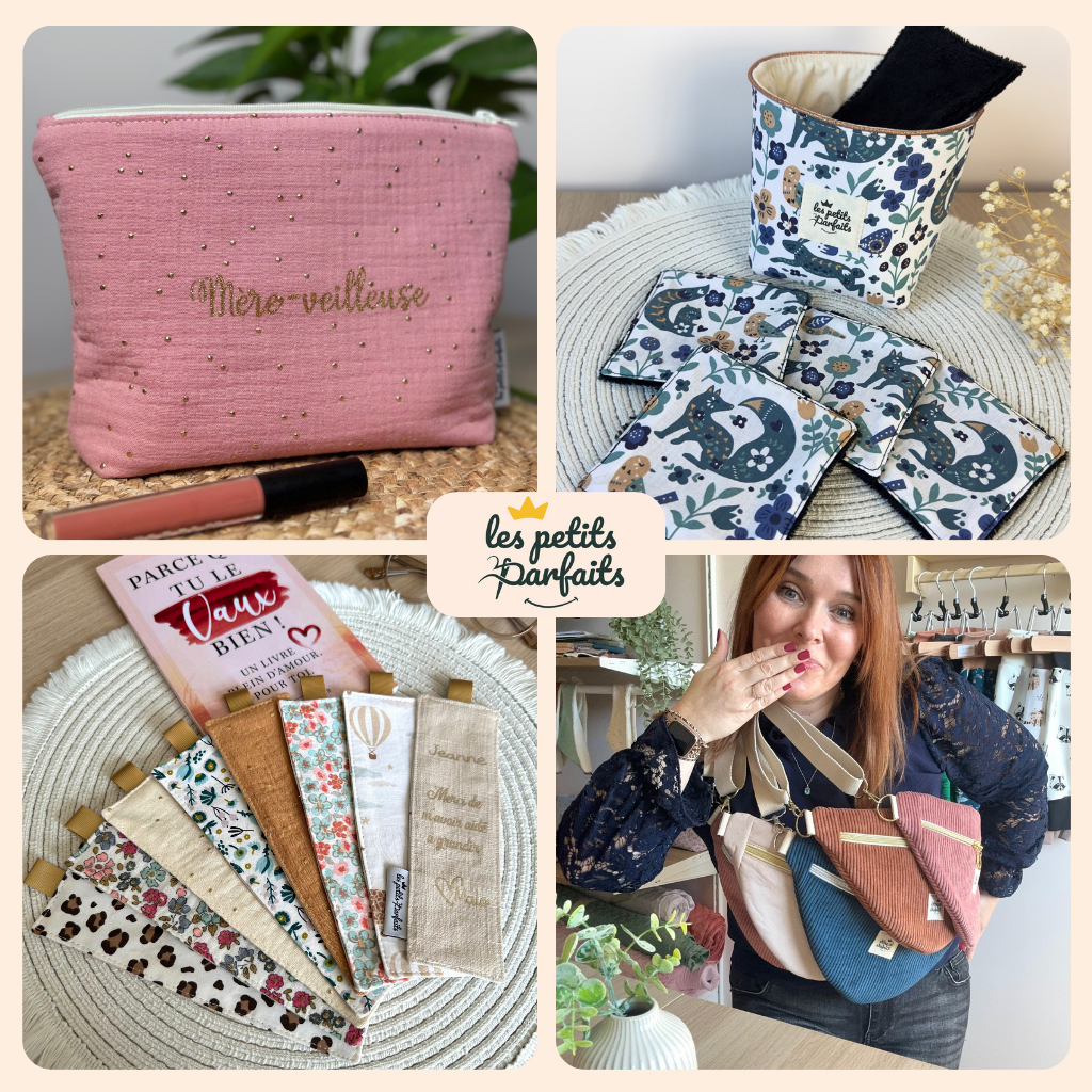 idées cadeaux personnalisées pour femme : marque page, lingettes lavables, trousses et pochettes, sacs banane