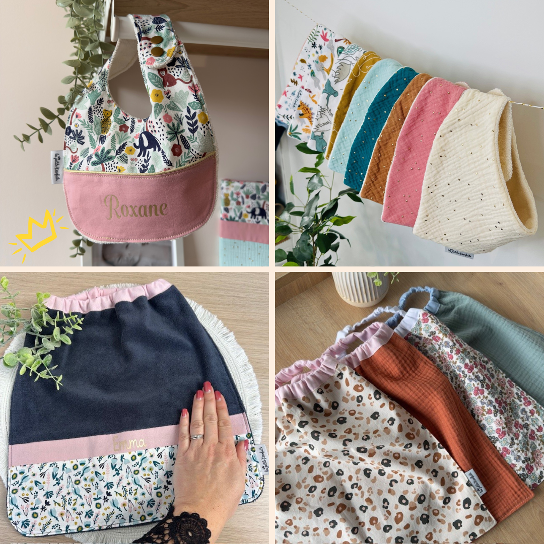 Bavoirs type pression, bandana et maternelle personnalisés pour enfant fait main