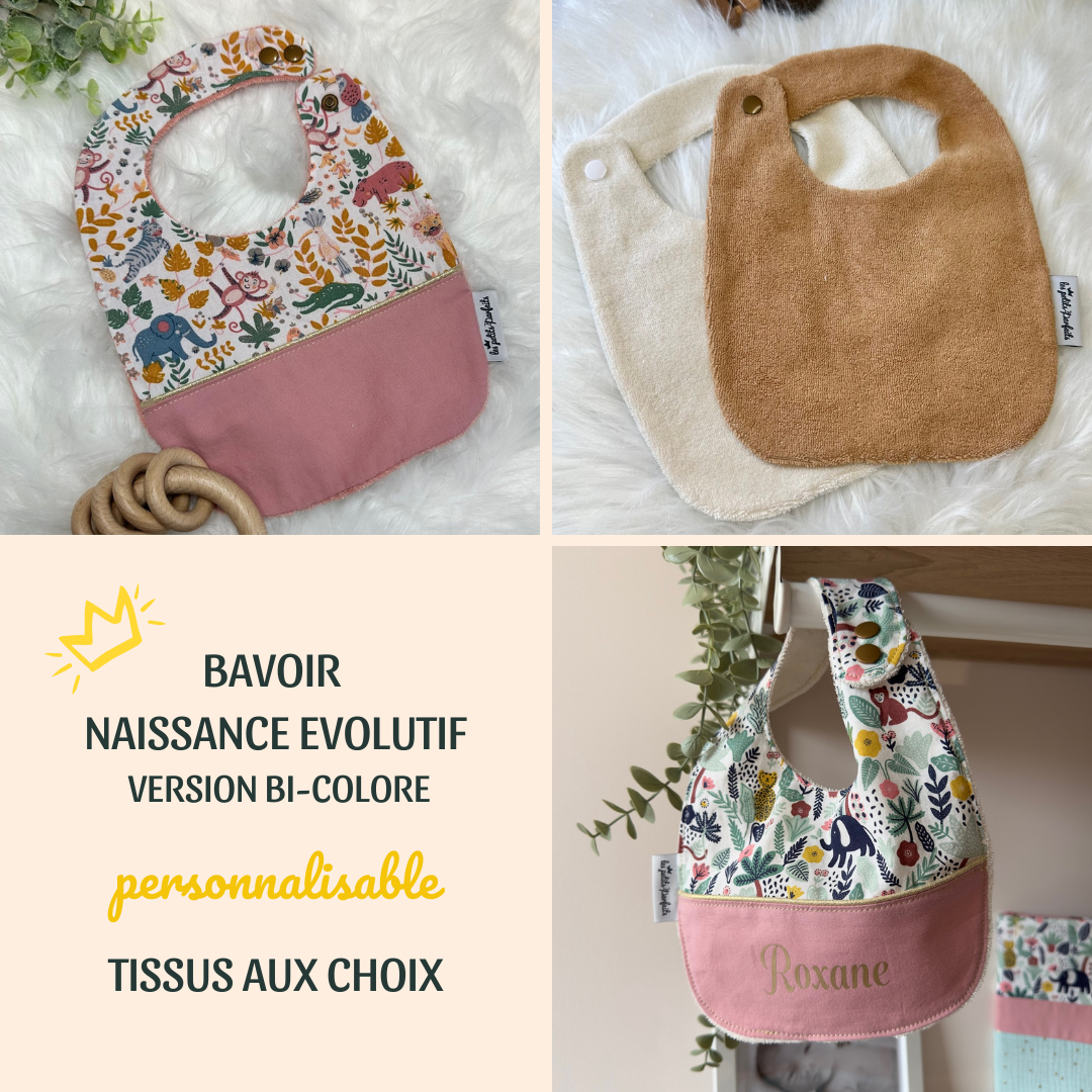 Bavoir naissance évolutif pour bébé grâce à 2 deux pressions disposées sur le côté (épaule) avec choix des imprimés et coloris éponge et personnalisation prénom
