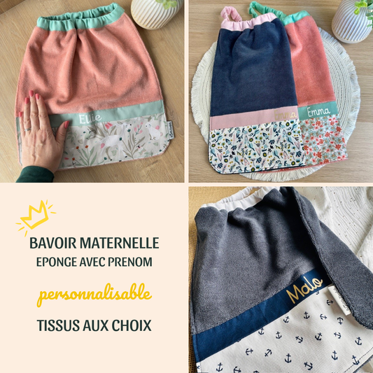 Bavoir maternelle en éponge - serviette de cantine avec col élastique à personnaliser parmi les imprimés disponibles et avec prénom