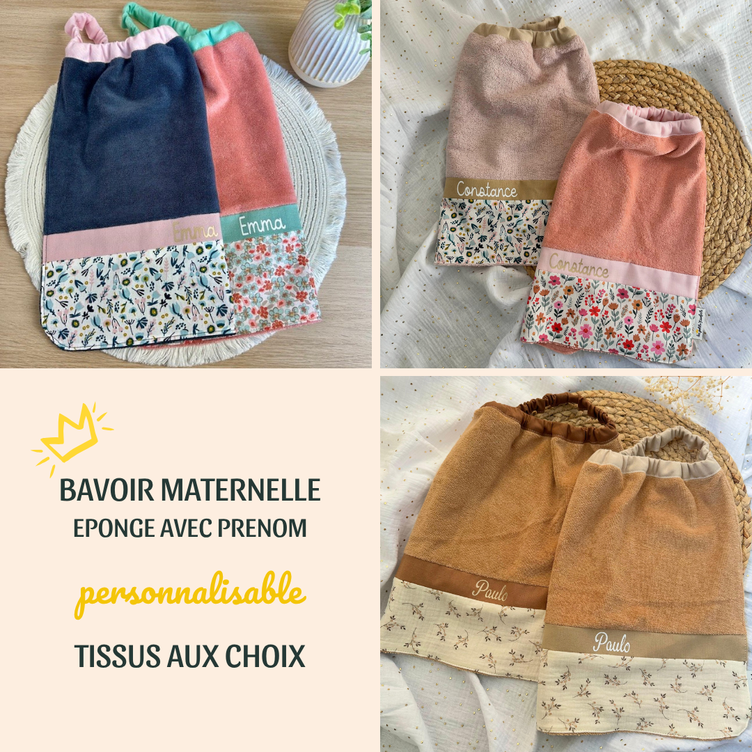 Bavoir maternelle en éponge - serviette de cantine avec col élastique à personnaliser parmi les imprimés disponibles et avec prénom