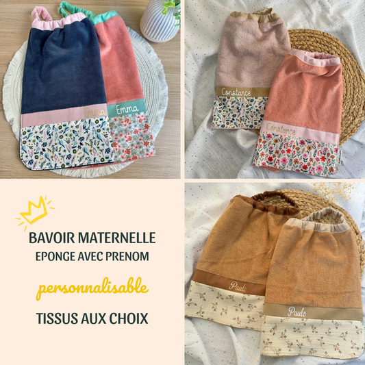Bavoir maternelle en éponge - serviette de cantine avec col élastique à personnaliser parmi les imprimés disponibles et avec prénom