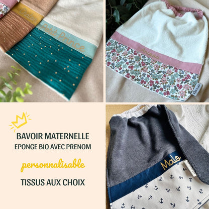 Bavoir maternelle - serviette de cantine avec col élastique à personnaliser parmi les imprimés disponibles et avec prénom