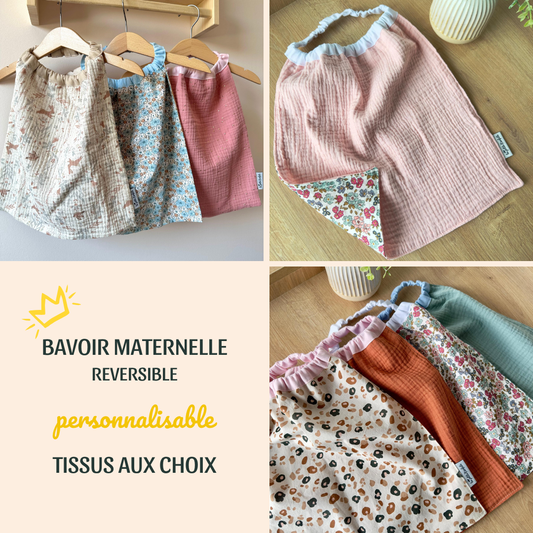 Bavoir maternelle réversible (deux faces en coton) pour bébé et enfant à personnaliser. Serviette de cantine personnalisable idéale pour les repas en autonomie et pour la cantine