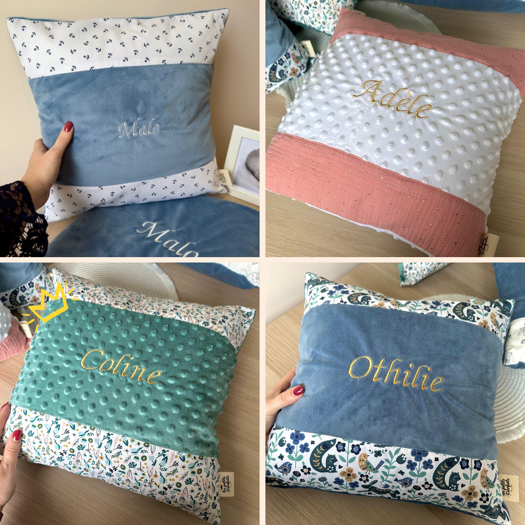 coussin brodé au prénom de bébé ou enfant personnalisé avec minky et imprimé au choix