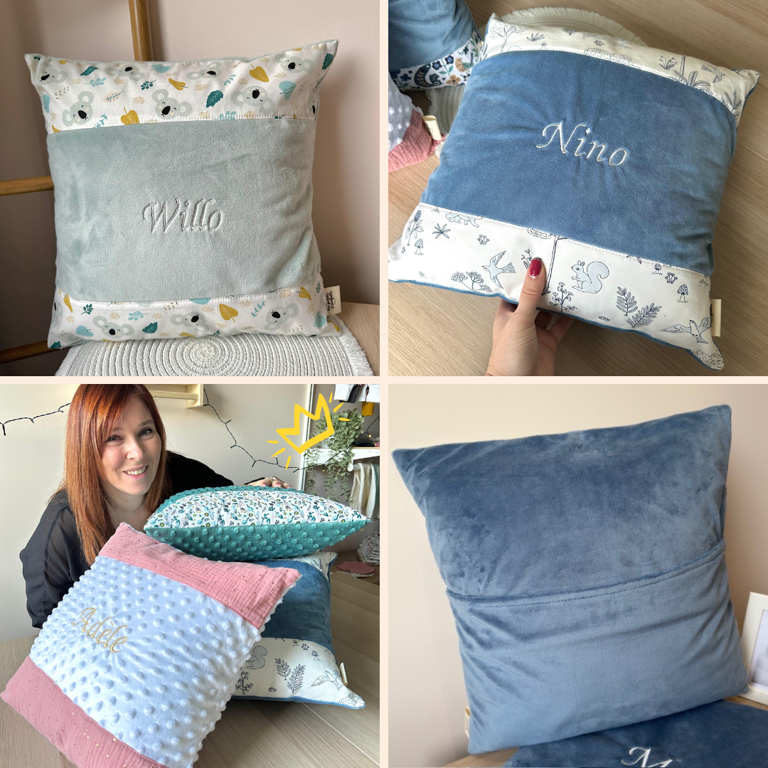 Coussin déhoussable personnalisé avec prénom de bébé et enfant en minky et imprimé coton au choix