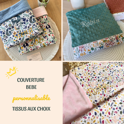 couverture taille bébé sans molleton personnalisable choix des imprimés et coloris minky avec broderie