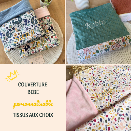 couverture taille bébé sans molleton personnalisable choix des imprimés et coloris minky avec broderie