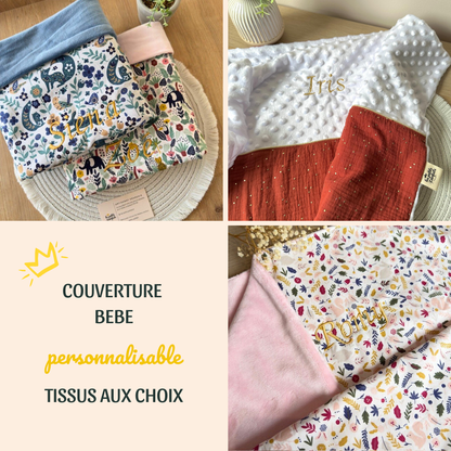 couverture taille bébé sans molleton personnalisable choix des imprimés et coloris minky avec broderie du prénom