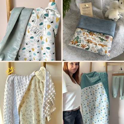 couverture bébé proposée en deux modèles avec minky et motif au choix, agrémenté du prénom brodé de l'enfant
