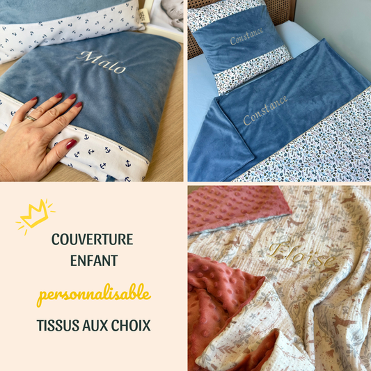 couverture pour enfant en minky et imprimé en coton avec motif au choix, avec prénom brodé