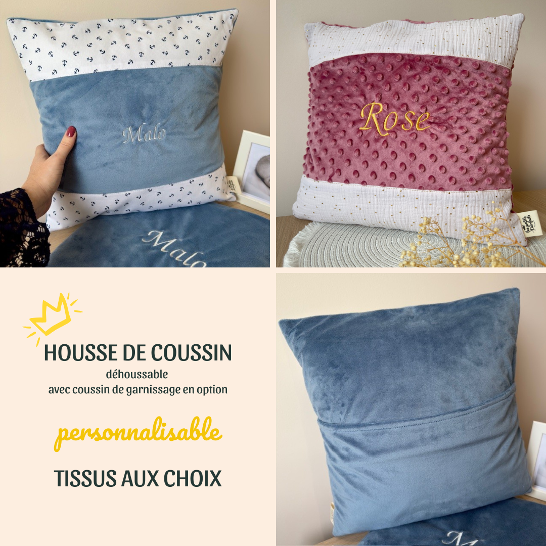Housse de coussin de décoration en minky et imprimé au choix brodé avec le prénom de bébé ou de l'enfant, déhoussable et fournie avec le coussin de garnissage en option