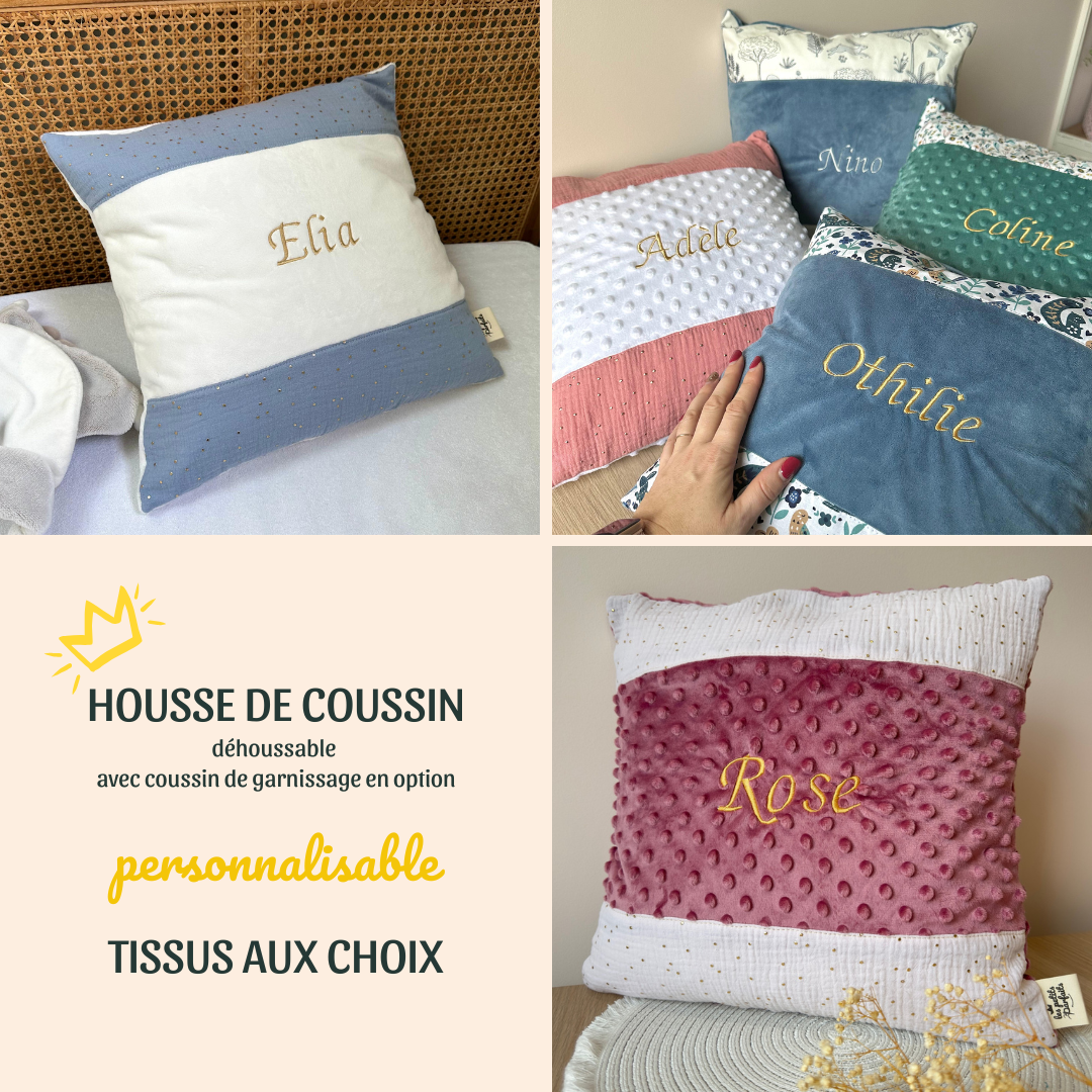 Housse de coussin de décoration en minky et imprimé au choix brodé avec le prénom de bébé ou de l'enfant, déhoussable et fournie avec le coussin de garnissage en option