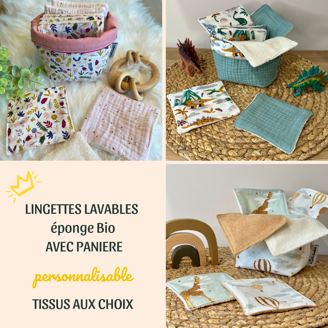 Lingettes éponge bio et sa panière personnalisable