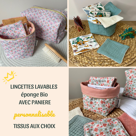 Lingettes lavables bébé personnalisables avec éponge bio assorties d'une panière de rangement