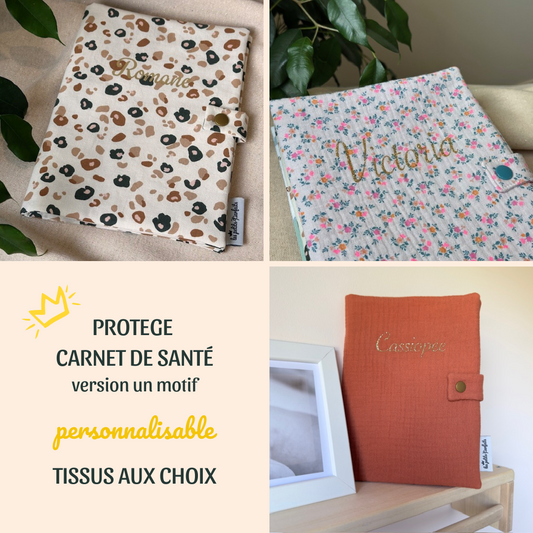 protège carnet de santé pour bébé confectionné dans un seul imprimé pour un style épuré à personnaliser avec un prénom