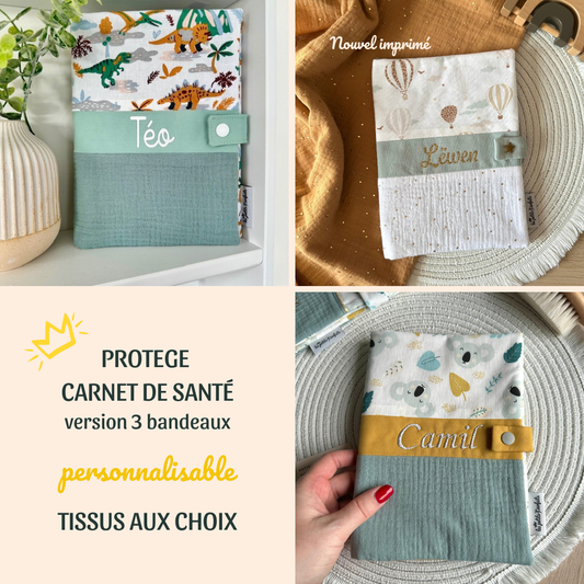 protège carnet de santé enfant 3 bandeaux personnalisable avec choix des tissus, prénom en broderie ou thermocollant