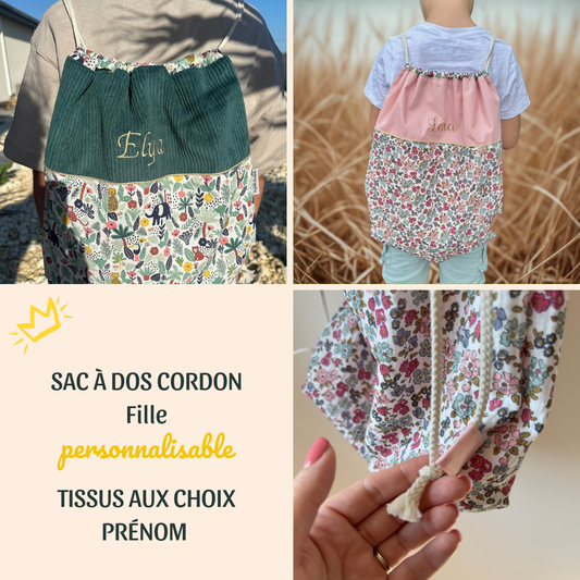 sac à dos cordon fille personnalisé choix des tissus et prénom.