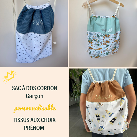 sac à dos cordon garçon à personnaliser choix des tissus et prénom