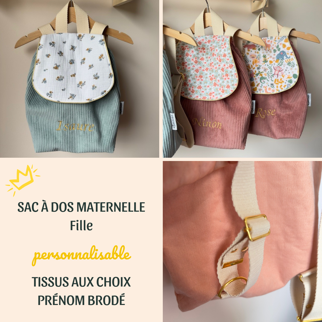 Sac à dos personnalisé pour fille en velours côtelé, parfait pour la rentrée à l'école maternelle ou les sorties en famille