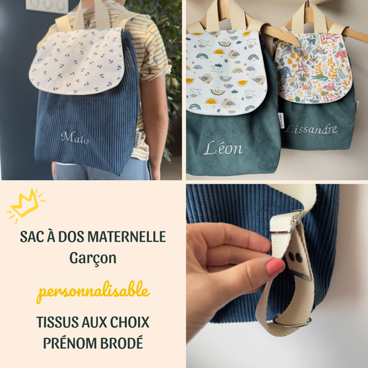 sac à dos garçon personnalisé pour la rentrée à l'école ou pour les petites affaires à emporter chez la nounou ou à la crèche