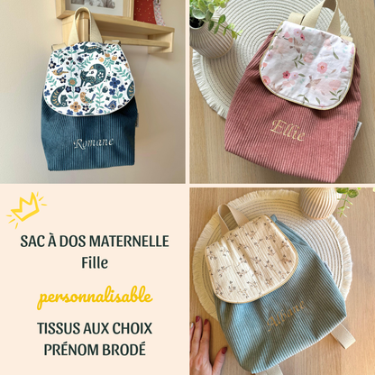 Sac à dos personnalisé pour fille en velours côtelé, parfait pour la rentrée à l'école maternelle ou les sorties en famille avec prénom brodé