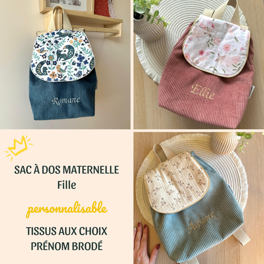 Sac à dos personnalisé pour fille en velours côtelé, parfait pour la rentrée à l'école maternelle ou les sorties en famille avec prénom brodé