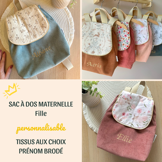 Sac à dos personnalisé pour fille en velours côtelé, parfait pour la rentrée à l'école maternelle ou les sorties en famille avec prénom brodé
