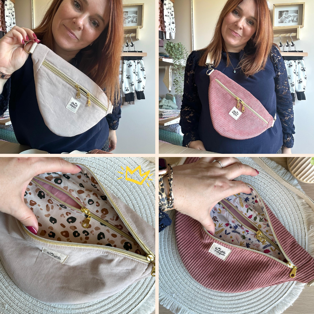 sac banane à personnaliser avec coloris de velours côtelé et imprimé doublure au choix, doté d'un double curseur, d'une poche intérieure et d'une sangle amovible