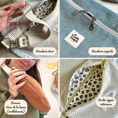 sac banane souple ou molletonné à personnaliser avec coloris de velours côtelé et imprimé doublure au choix