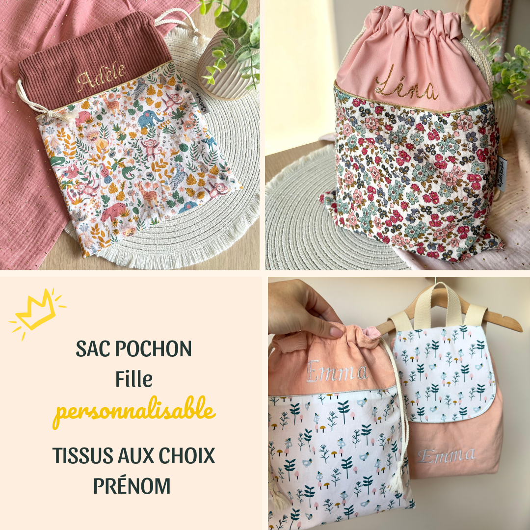 sac pochon fille à personnaliser avec prénom et motif au choix