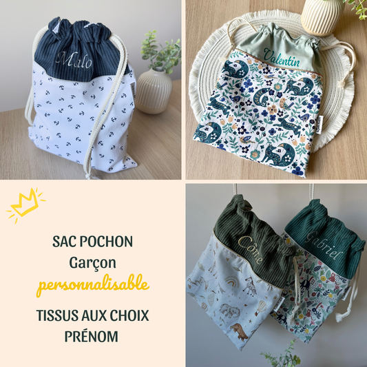 sac pochon a coulisses pour garçon à personnaliser avec prénom
