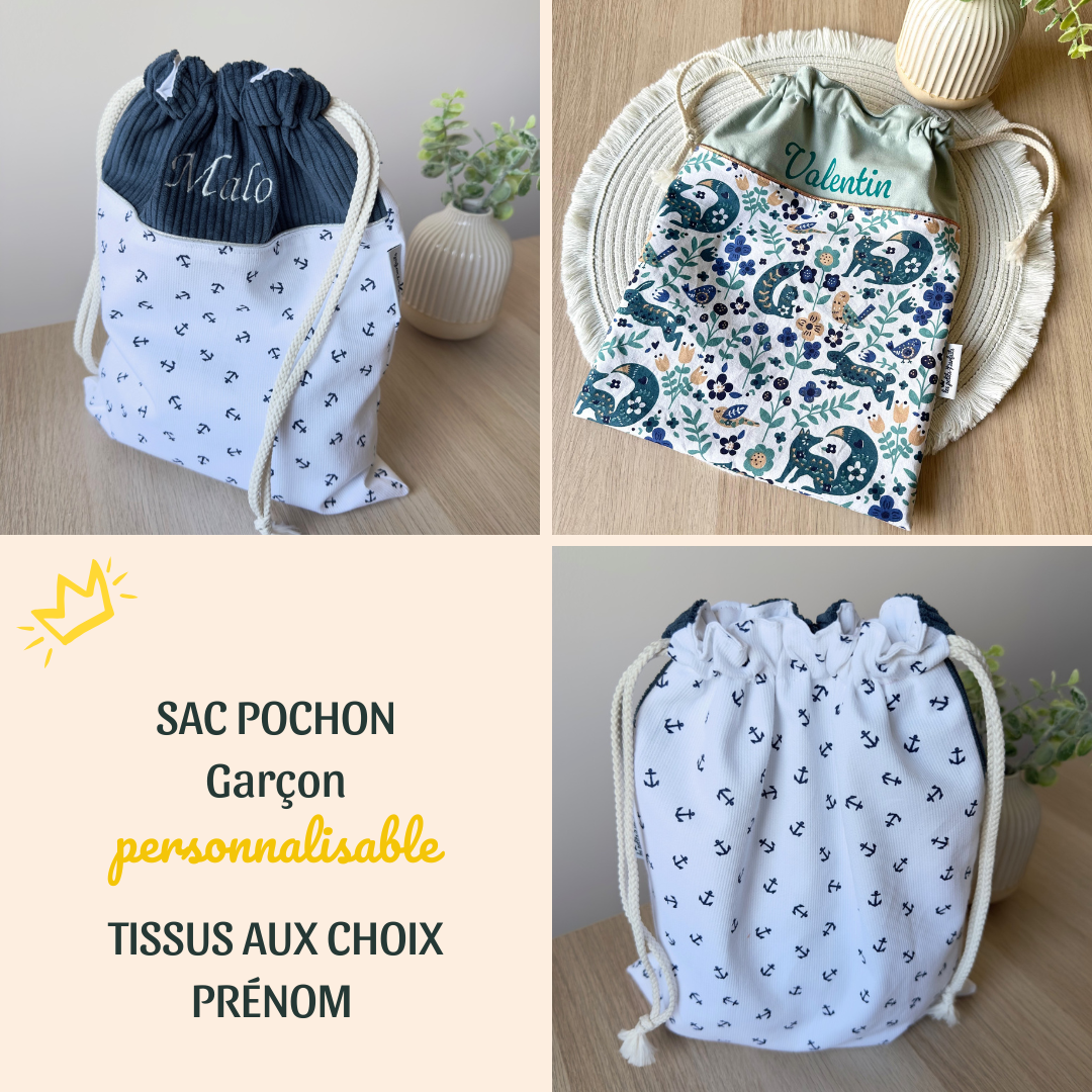 sac pochon garçon à personnaliser avec prénom et motif au choix