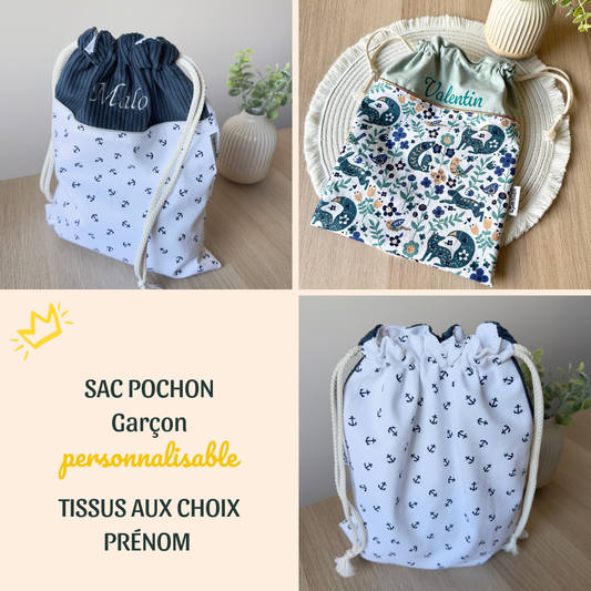 sac pochon garçon à personnaliser avec prénom et motif au choix