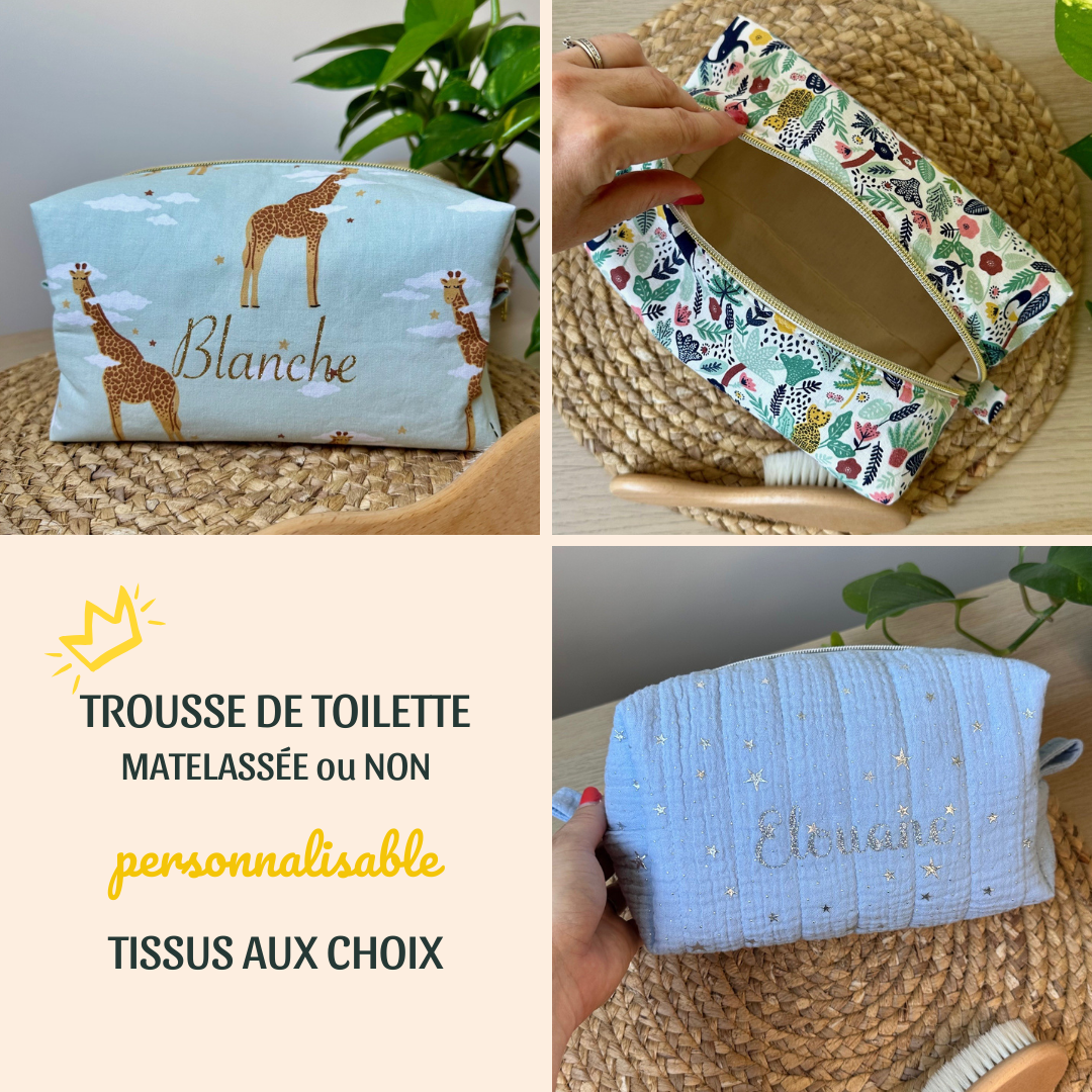 Trousse de toilette personnalisée pour bébé, enfant ou adulte à personnaliser avec choix du tissu et prénom