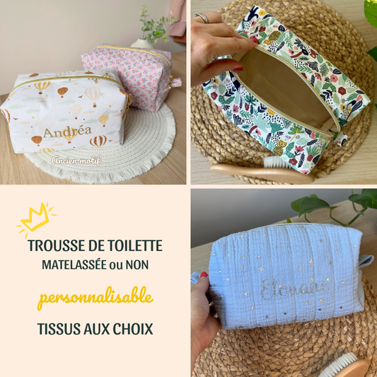 Trousse de toilette personnalisée pour bébé, enfant ou adulte à personnaliser avec choix du tissu et prénom