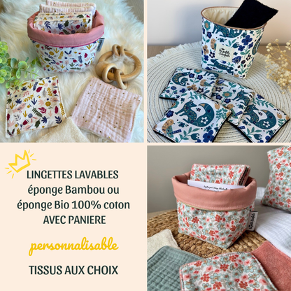 Lingettes lavables en éponge bambou ou biologique personnalisables avec panière de rangement assortie