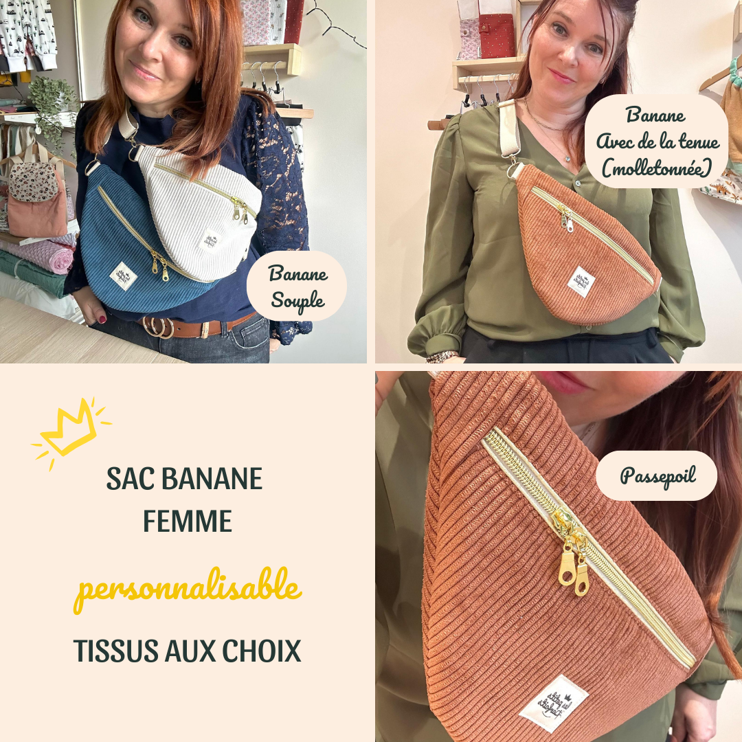 sac banane pour femme en velours côtelé à personnaliser avec coloris extérieur et doublure au choix